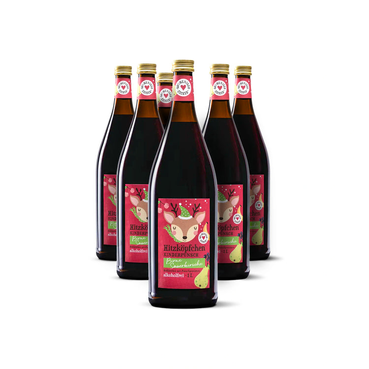 Kinderpunsch Birne-Sauerkirsche von Hitzköpfchen, alkoholfrei, fruchtig-mild mit 40 % weniger Zucker.