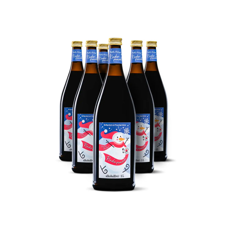 Mutter Philipp's Kinderpunsch, alkoholfrei, winterlich-fruchtiger Punsch mit Schneemann-Motiv und würzigem Geschmack.