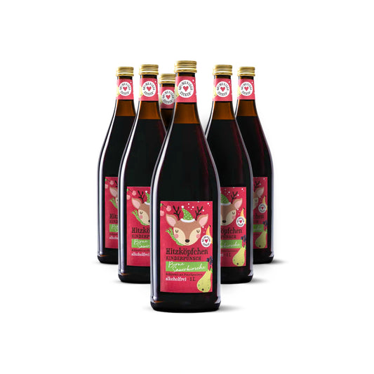Kinderpunsch Birne-Sauerkirsche von Hitzköpfchen, alkoholfrei, fruchtig-mild mit 40 % weniger Zucker.